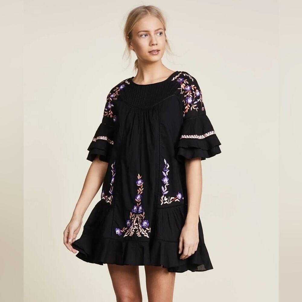 Free People Women's Black Cotton Embroidered Bell Sleeve Mini Dress Size S